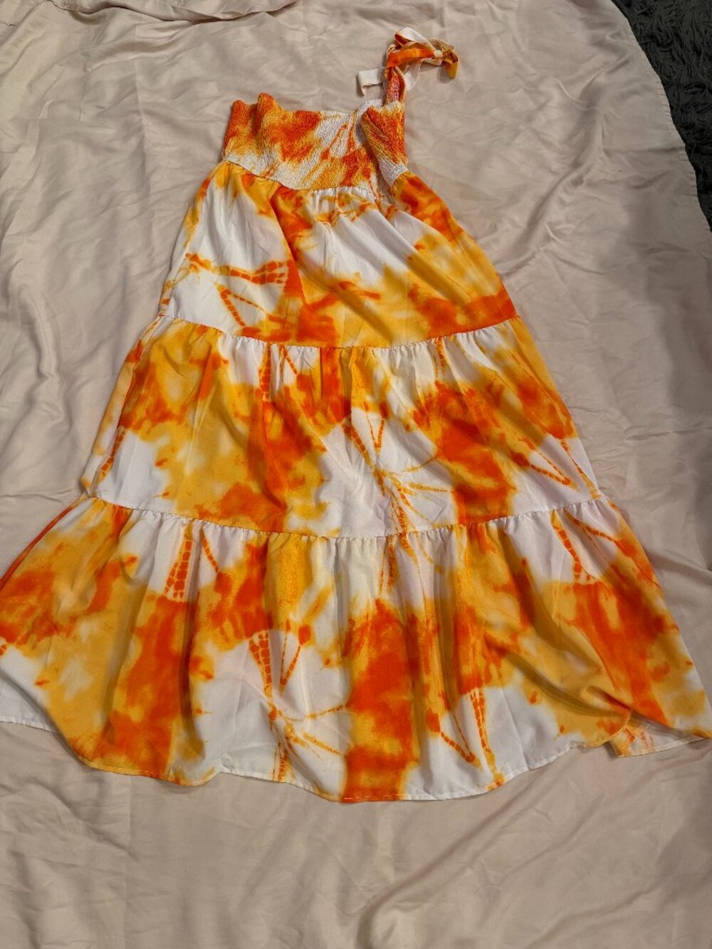 Orange Yellow Tie Dye One Shoulder Smocked Maxi Dress (Medium)